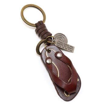 個性復古牛皮拖鞋汽車鑰匙扣包包掛件掛飾 創意手工編織小禮品