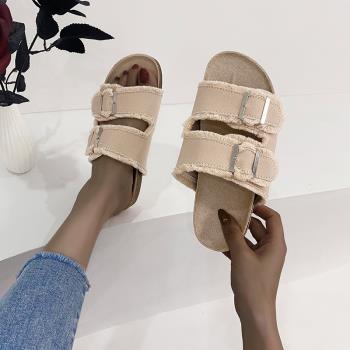 2022歐美夏平底帆布涼拖鞋女Flat Canvas Sandals Slippers Women