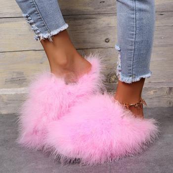 女鞋長絨毛包頭居家毛拖鞋fur women flat slippers shoes
