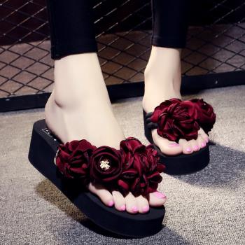 時尚坡跟夾腳韓版花朵厚底涼拖鞋