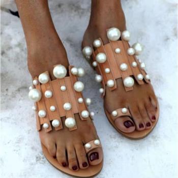 Pearl women flat cool slippers big size 43 sandals珍珠涼拖鞋