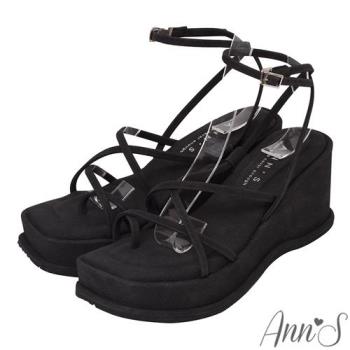 Ann’S美圖厚底系列-極細柔軟線條套指方頭涼鞋-7.5cm-黑