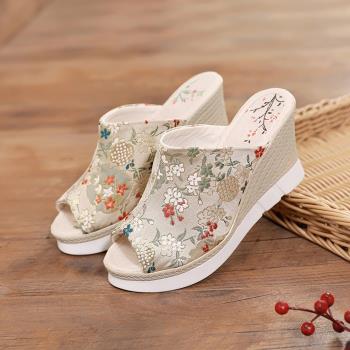老北京布鞋中國風古典坡跟涼拖鞋