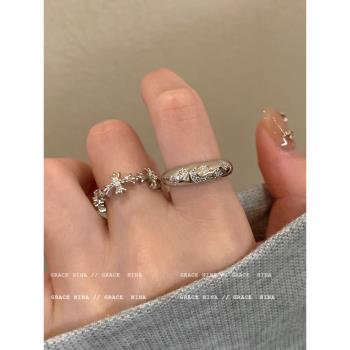 冷淡風~銀色鋯石十字架戒指女小眾設計ins輕奢食指戒個性情侶對戒