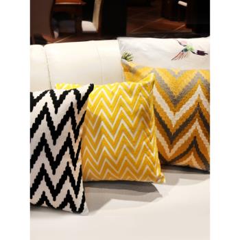 北歐幾何刺繡花抱枕樣板房棉麻靠墊套簡約客廳沙發枕黃色方形靠枕