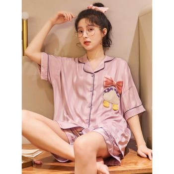 女春夏季短袖甜美模擬絲綢睡衣