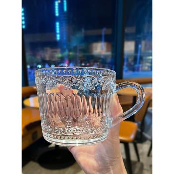 復古浮雕玻璃杯高顏值咖啡杯帶蓋勺子家用燕麥牛奶把手杯早餐杯子