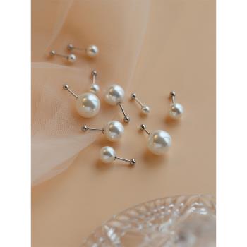 小Z優品925純銀貝珠螺紋耳釘ins風設計感氣質百搭大珍珠耳飾品女