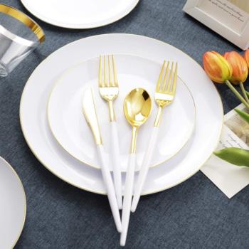 一次性塑料西餐盤牛排盤子西式餐具商用活動聚餐用品金色瓷白圓盤