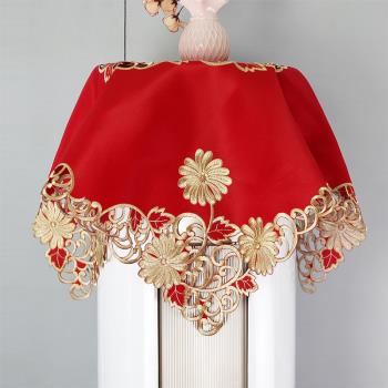 紅色蓋布圓形柜機喜慶紅色美的格力空調罩蓋巾蕾絲刺繡婚房大紅