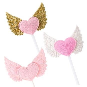 華麗鑲鉆粉色愛心天使翅膀羽毛金色銀色蛋糕裝飾插牌插旗擺件生日