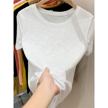 竹節棉T恤女韓版純色短袖白色體恤上衣夏季新款百搭大圓領打底衫