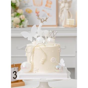 網紅烘焙蛋糕裝飾唯美閃粉水晶鹿擺件女神生日派對珍珠蝴蝶結插件