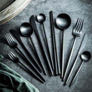 高檔黑色餐具啞光磨砂西餐廳牛排刀叉勺筷子套裝甜品湯勺咖啡勺子