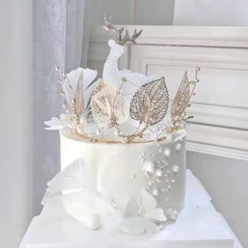 水晶麋鹿小鹿網紅ins女神生日蛋糕裝飾擺件圣誕節銀色插件皇冠