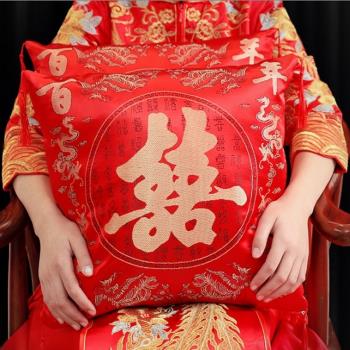 婚房裝飾沙發腰靠抱枕含芯杭州絲綢綢緞靠墊婚慶大紅色靠枕抱枕套