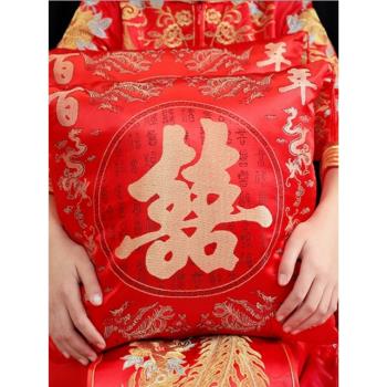 婚房裝飾沙發腰靠抱枕含芯杭州絲綢綢緞靠墊婚慶大紅色靠枕抱枕套