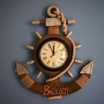 地中海風格復古做舊船錨掛鐘家用裝飾品掛件木質船舵創意靜音鐘表