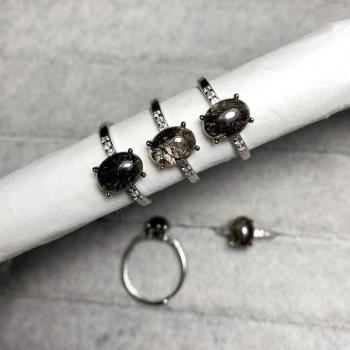天然黑發晶戒指女款活口簡約白銅托鑲嵌指環潮人時尚水晶飾品禮物