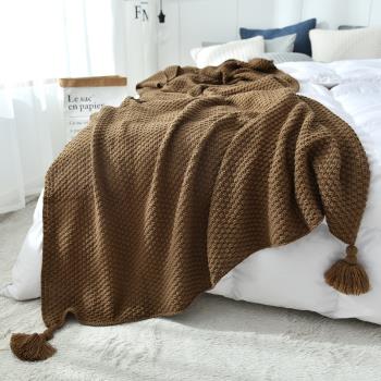 歐式咖啡色休閑毯午睡樣板間床上流蘇針織毯客廳沙發椅子午休蓋毯