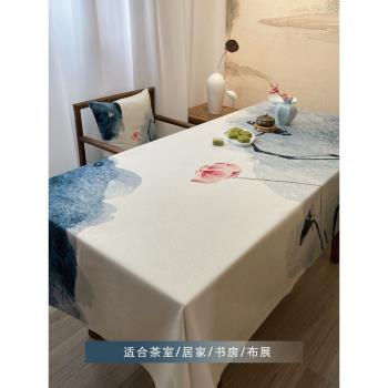 桌布水墨畫荷花新中式日式桌布加厚棉麻椅墊書桌布棉麻長方形家用