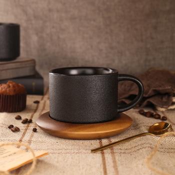 歐式輕奢陶瓷咖啡杯配底座黑色磨砂馬克杯配勺簡約創意咖啡廳杯子