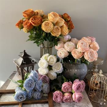 韓式7頭玫瑰仿真花皇妃玫把束攝影道具餐桌擺件簡約現代花墻布置