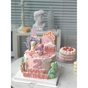 烘焙蛋糕裝飾擺件粉色女寶寶蛋殼恐龍霸王龍插卡可愛女孩生日插件