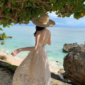 波西米亞沙灘裙超仙露背性感收腰吊帶裙仙女裙海邊度假連衣裙夏季