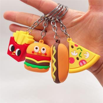 創意仿真食物鑰匙扣掛件PVC軟膠漢堡薯條披薩熱狗玩具鑰匙鏈禮品