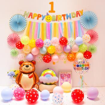 ins一周歲寶寶生日裝飾女孩兒童周歲派對3快樂氣球背景墻場景布置