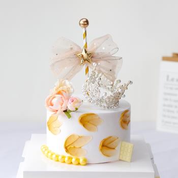 烘焙蛋糕裝飾 ins唯美白蝴蝶結仙女棒仿真玫瑰花蛋糕派對裝飾用品