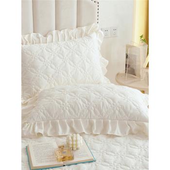 純色a類大豆夾棉絎縫枕套加厚48x74cm單人枕皮帶花邊枕頭套一對裝