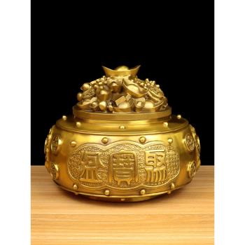 純黃銅聚寶盆帶蓋家居客廳財位擺件香爐結婚裝飾禮品