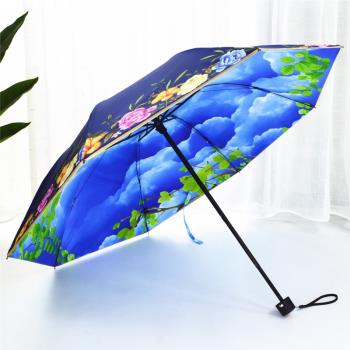 防紫外線黑膠遮陽傘女不透光防曬傘折疊插畫雙層太陽傘文藝晴雨傘