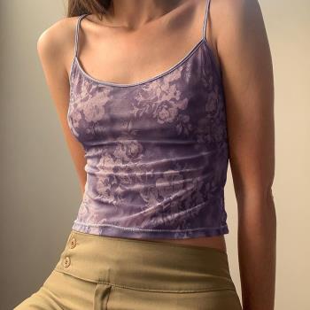 3months 歐美辣妹風紫色小吊帶背心女小眾設計復古著短款露臍上衣