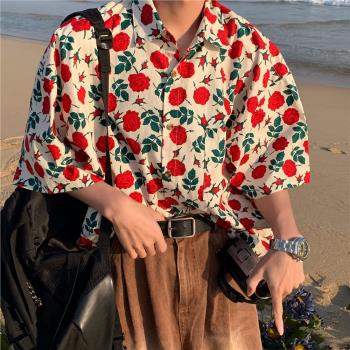 C2自制/港風復古玫瑰花滿印短袖襯衫夏威夷沙灘風情侶vintage上衣