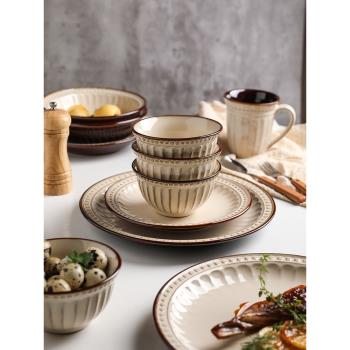 舍里美式復古碗碟套裝家用創意飯碗平盤菜盤子歐式陶瓷西餐盤餐具
