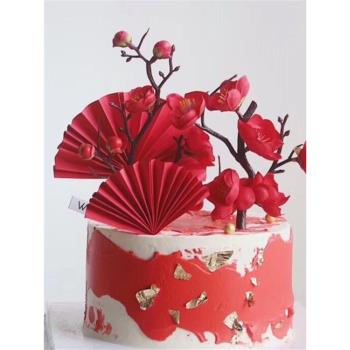 壽星裝飾生日祝壽蛋糕插件立體仿真梅花臘梅花紅扇子唐裝奶奶插牌