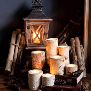 JK慕空間 天然白樺木木樁蠟燭燭臺 氛圍裝飾擺件蠟燭托套裝