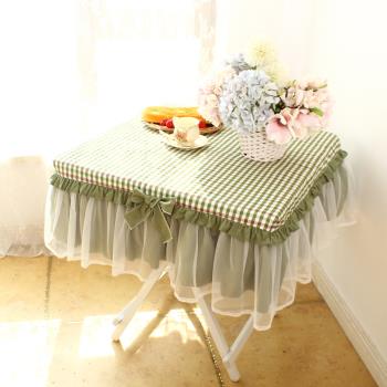 芥末綠格子蕾絲田園布藝純棉方桌布餐桌布臺布床頭柜罩茶幾罩柜罩