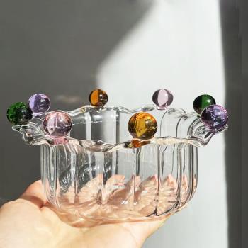 創意皇冠仙女碗高硼硅玻璃碗彩色水果盤甜品碗沙拉碗珠點碗ins風