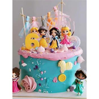女孩生日蛋糕6款小號底座公主白雪貝兒海綿公仔 套裝擺件城堡插牌