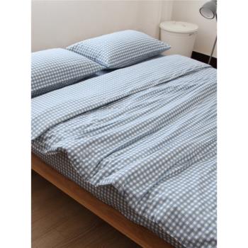 淺藍小格日系格子純棉床單被套枕套全棉被罩床笠簡約可配四件套