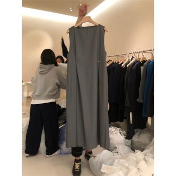韓國東大門2023夏季新款純色氣質洋氣顯瘦無袖中長裙連衣裙子女潮