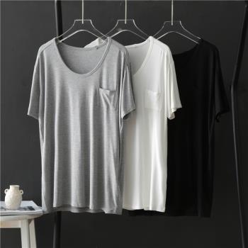 莫代爾大領子短袖T恤女夏2023新款柔軟垂感純色口袋鵝蛋領上衣