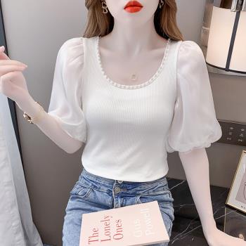 2023夏季新款時尚洋氣泡泡袖珍珠u領短袖t恤女修身顯瘦性感上衣潮