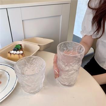 日式ins風新款冰川紋玻璃杯子 果汁飲料水杯創意清新森系樹皮紋杯