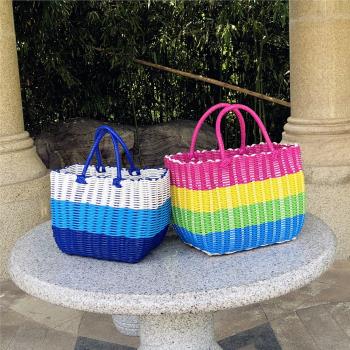 塑料編織收納買菜籃子購物籃手提籃針線寵物籃野餐藍洗澡籃浴室籃