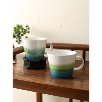 中國復古風青山綠簡約大容量水杯馬克杯陶瓷帶蓋勺可微波爐咖啡杯
